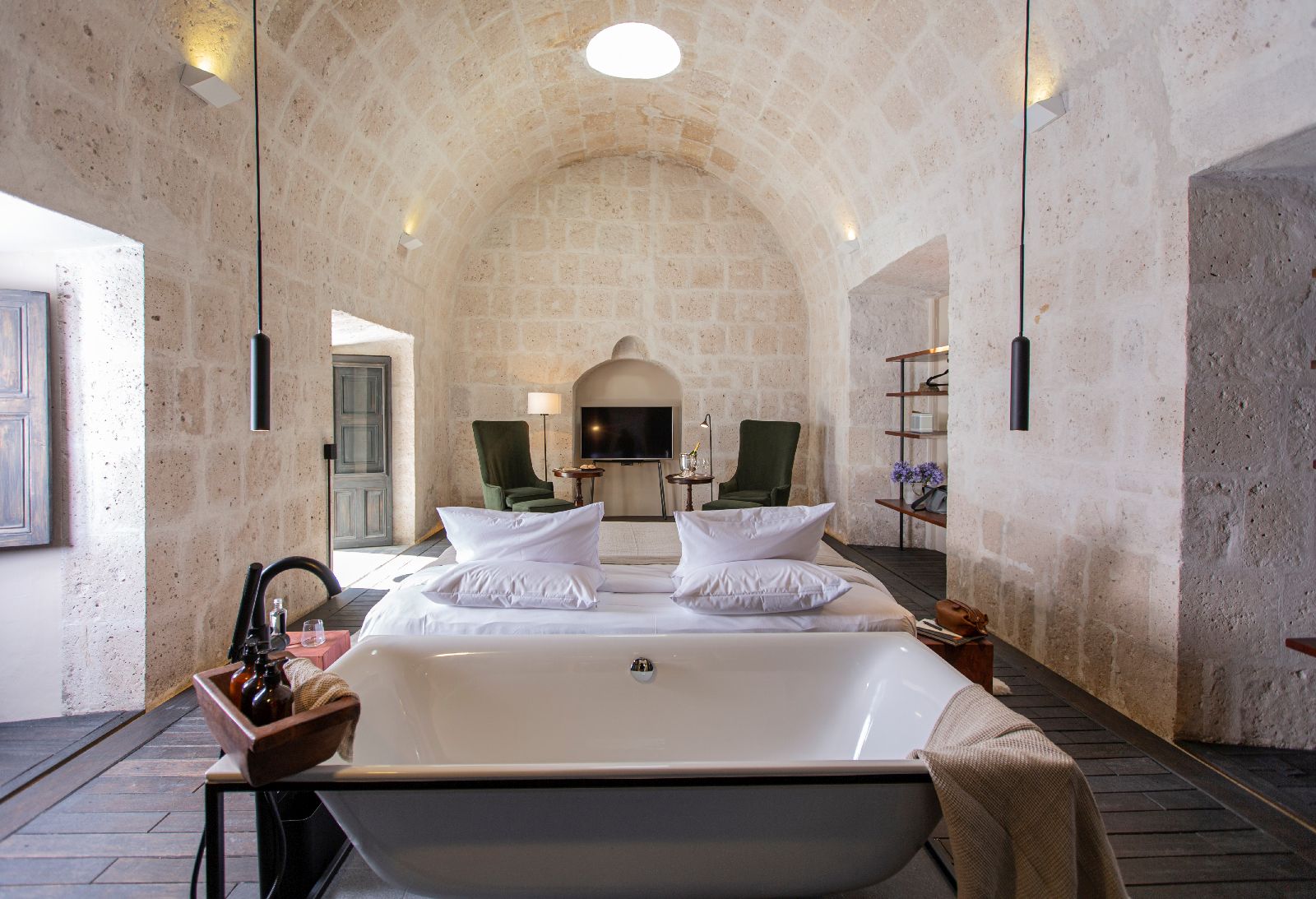 Freestanding bathtub in a guest suite at Cirqa hotel in Arequipa Peru