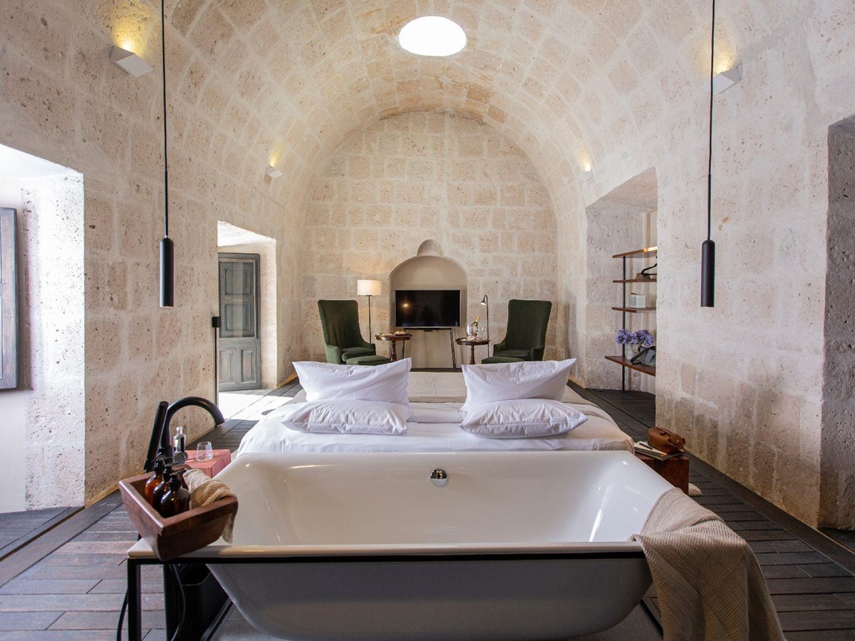 Freestanding bathtub in a guest suite at Cirqa hotel in Arequipa Peru