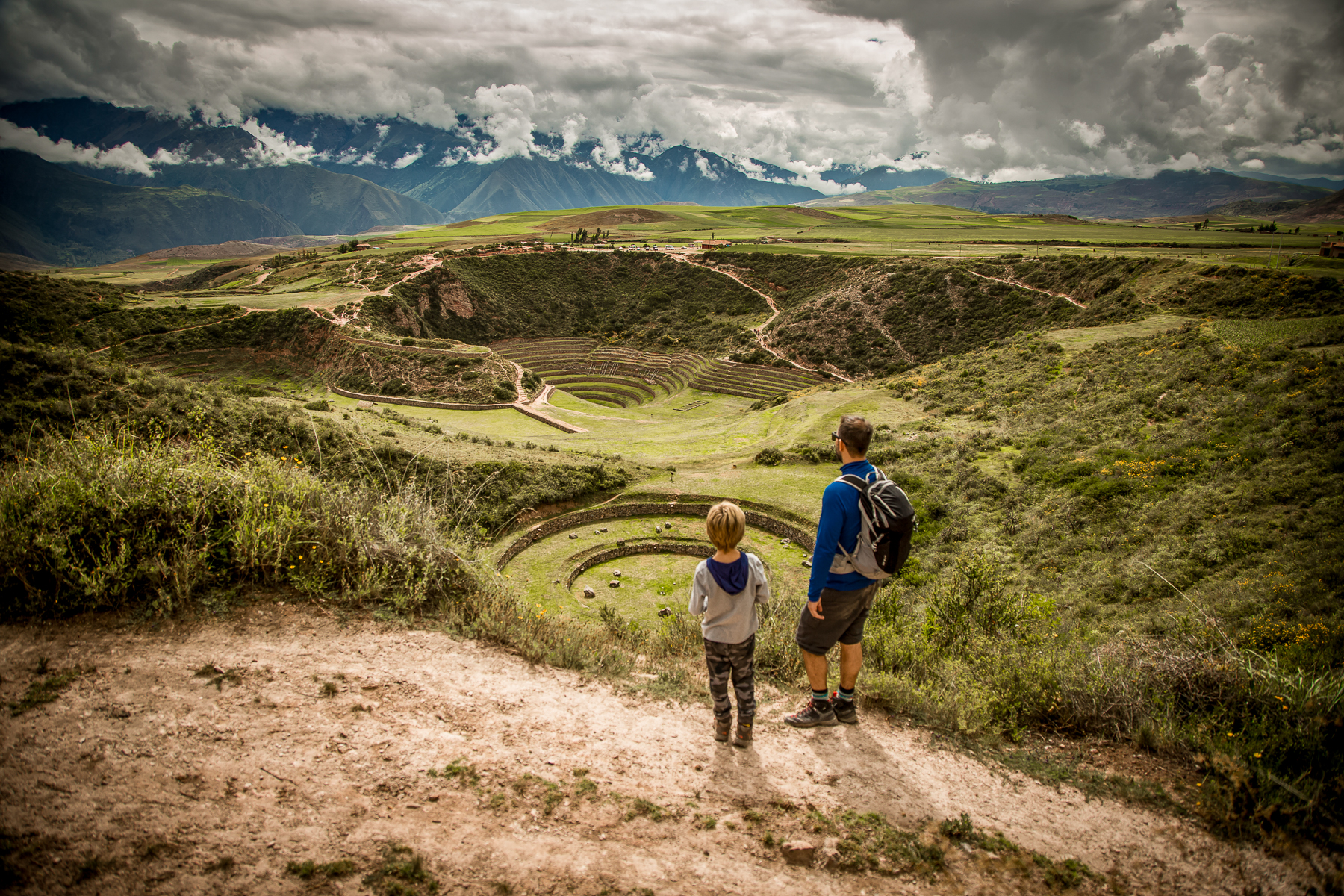 A father and son hiking from Explora Sacred Valley in Peru
