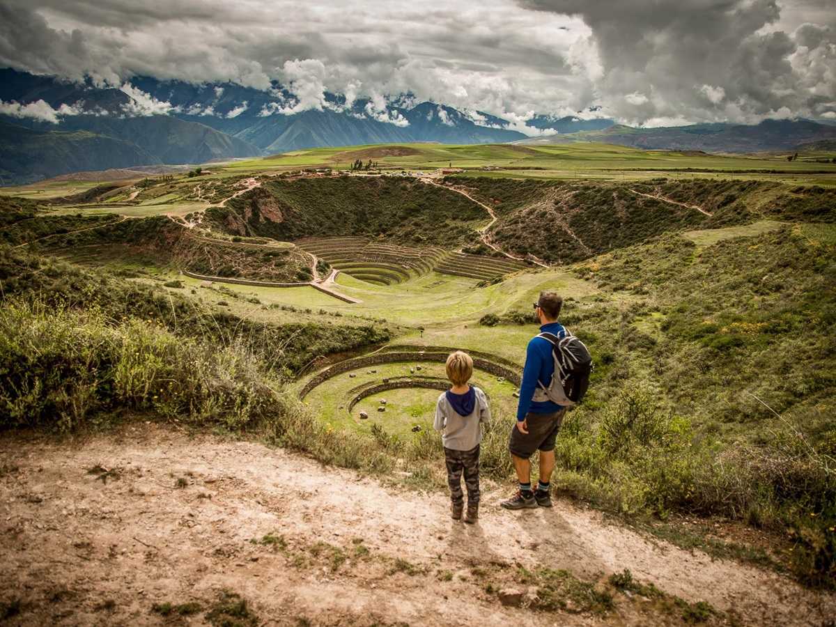 A father and son hiking from Explora Sacred Valley in Peru