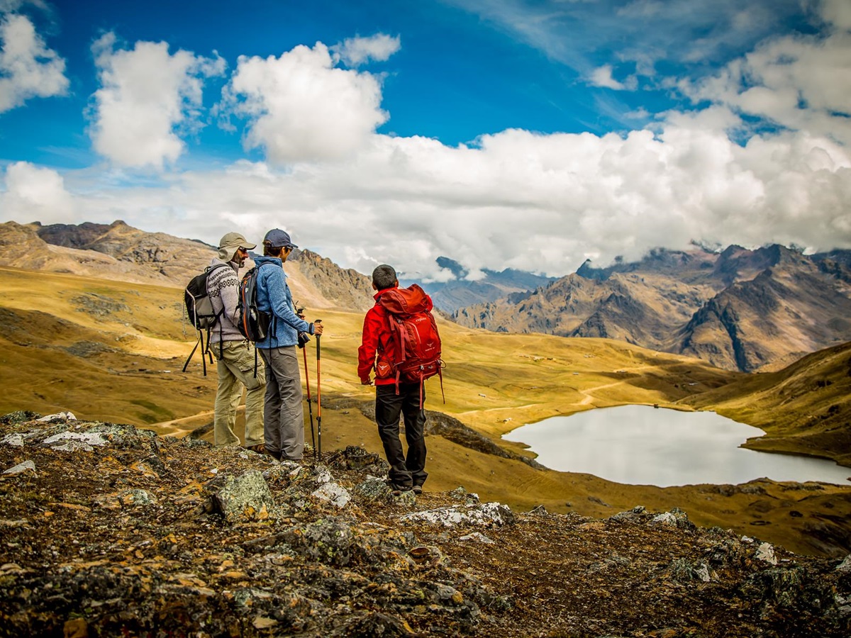 Hiking around a lake at Explora Sacred Valley in Peru