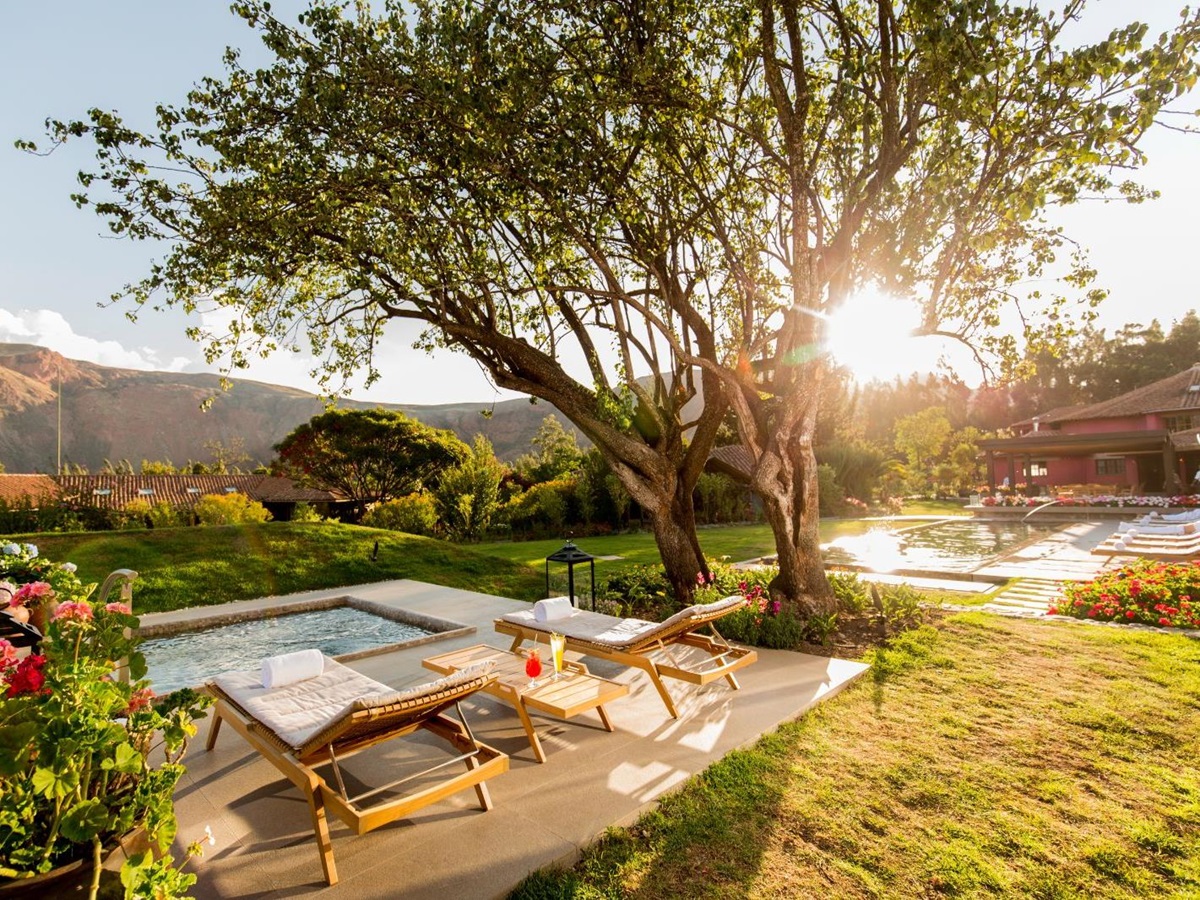 Garden terrace at Sol Y Luna hotel in the Cusco region of Peru