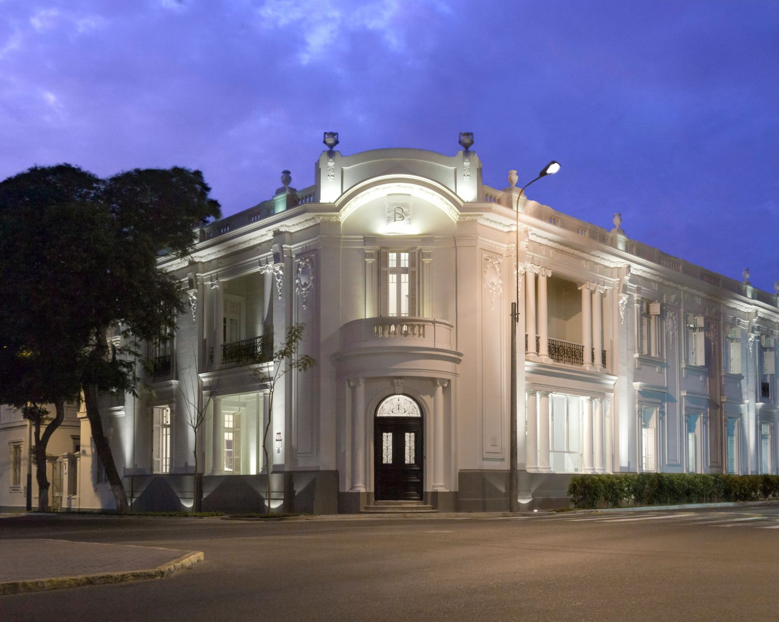 Night time facade of Hotel B in the Barranco neighbourhood of Lima