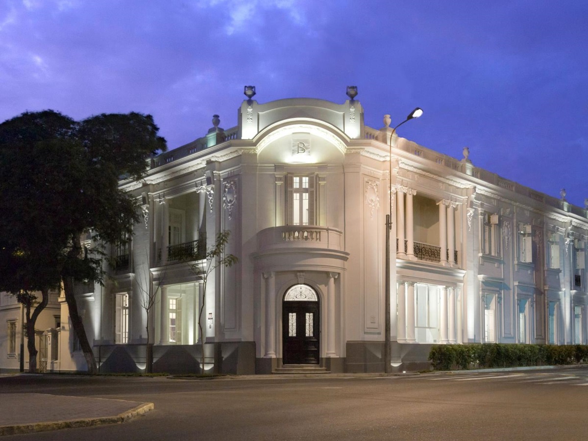Night time facade of Hotel B in the Barranco neighbourhood of Lima