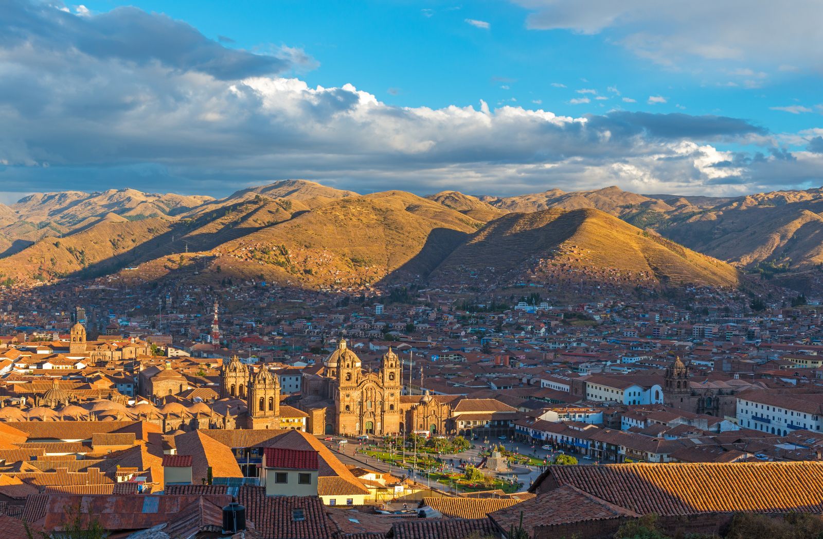 Aerial view of the former Inca capital of Cusco against the backdrop of the Andes in Peru