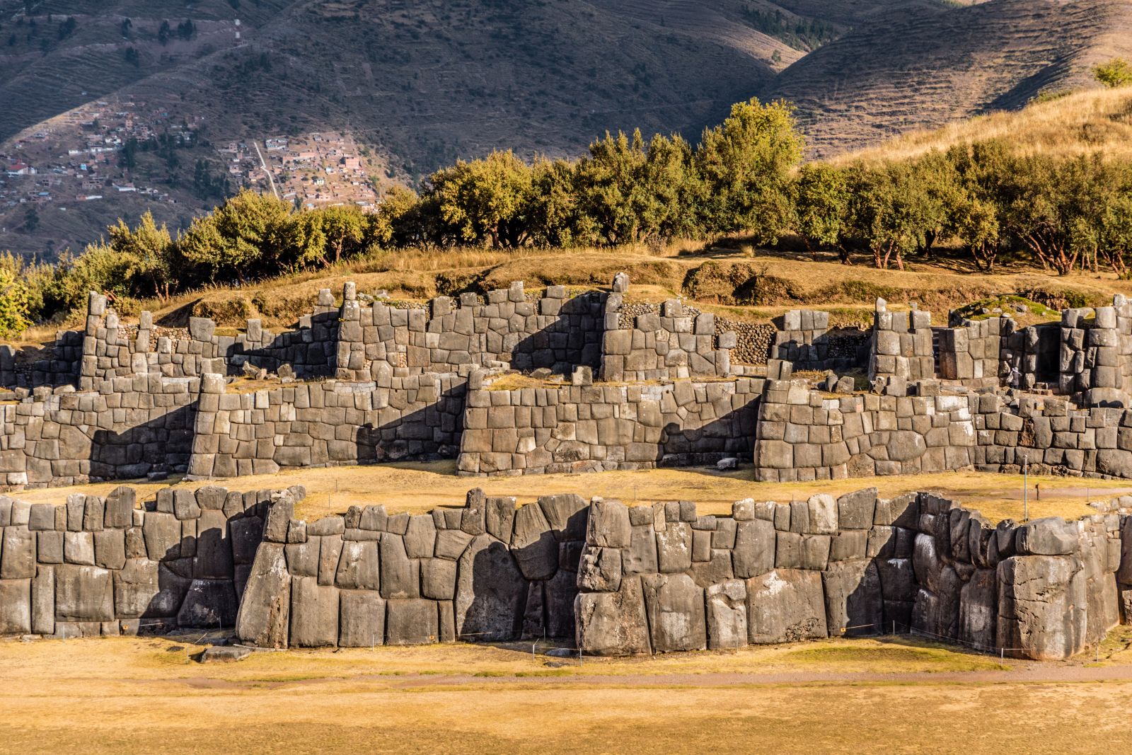 View of rows of Inca walls on the hills of Sacsayhuaman near Cusco in Peru