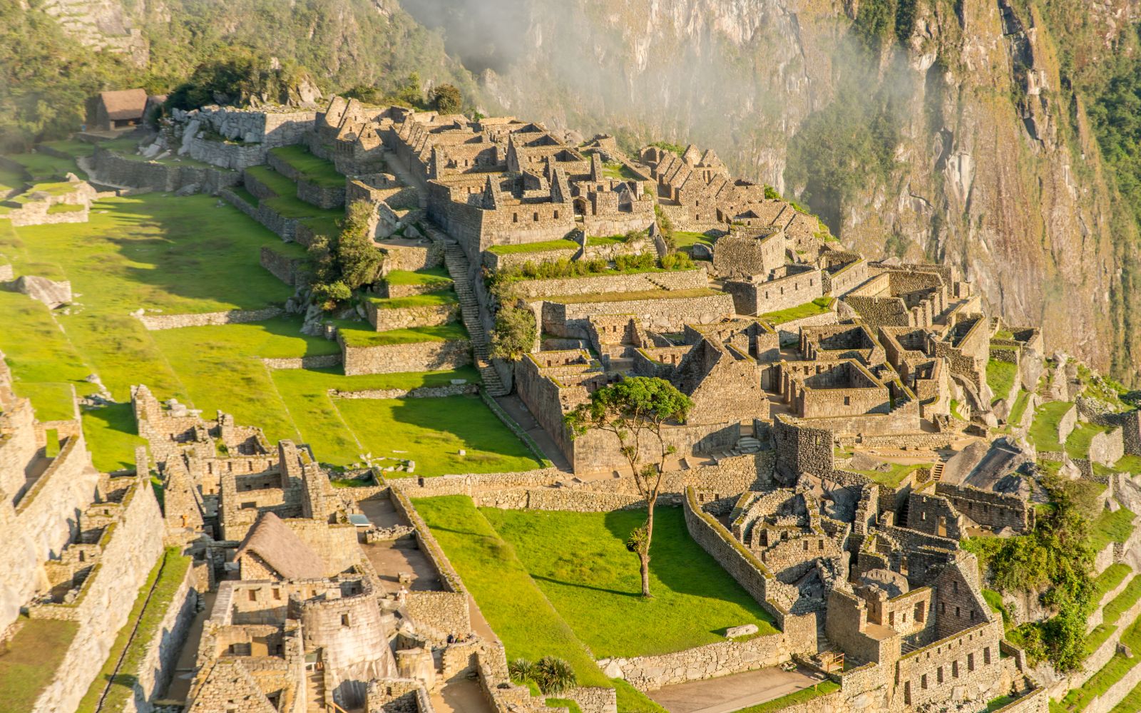 Detailed view of the buidlings and terraces at Machu Picchu in Peru