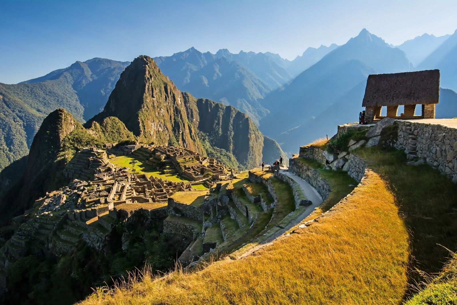 Side view of the Machu Picchu ruins and the Watchman's hut in Peru