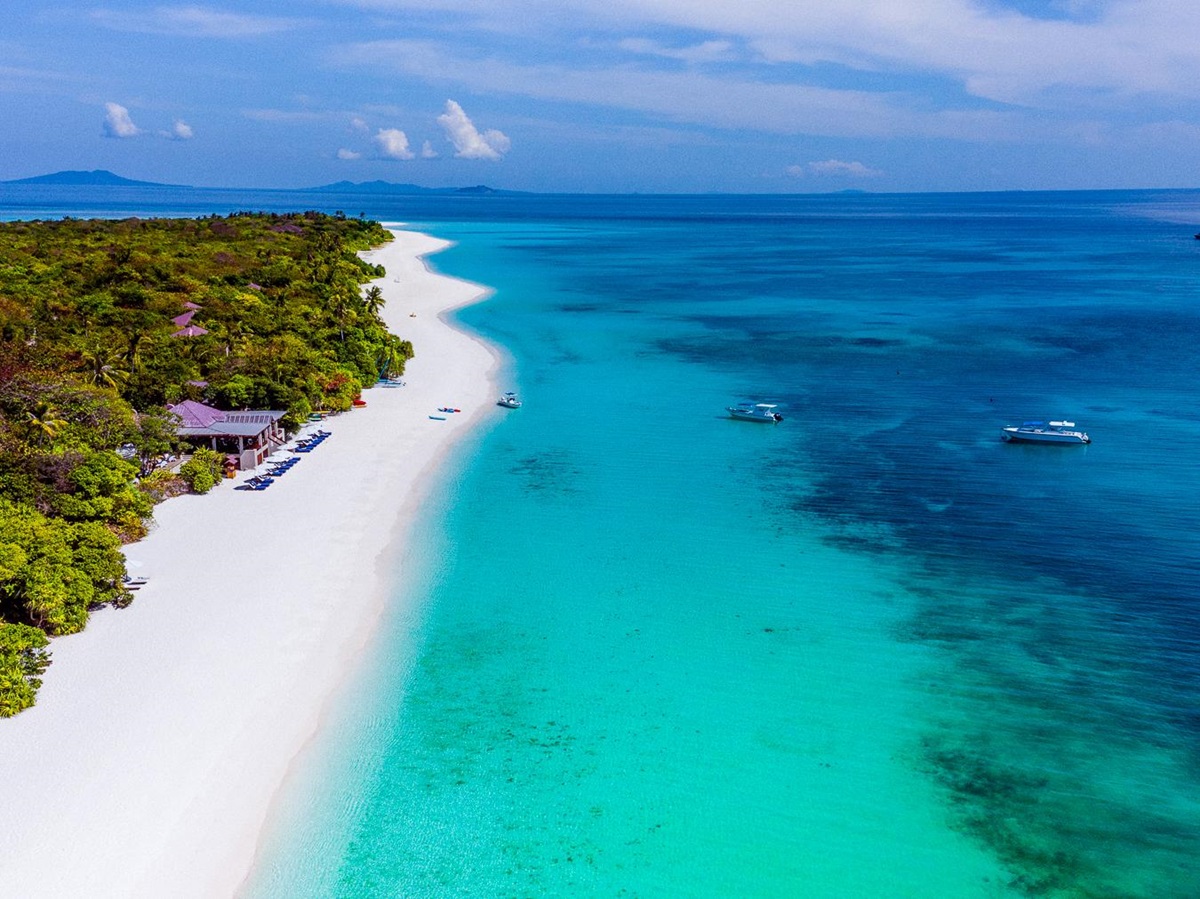 Aerial view of the beach at Amanpulo luxury beach resort in the Philippines