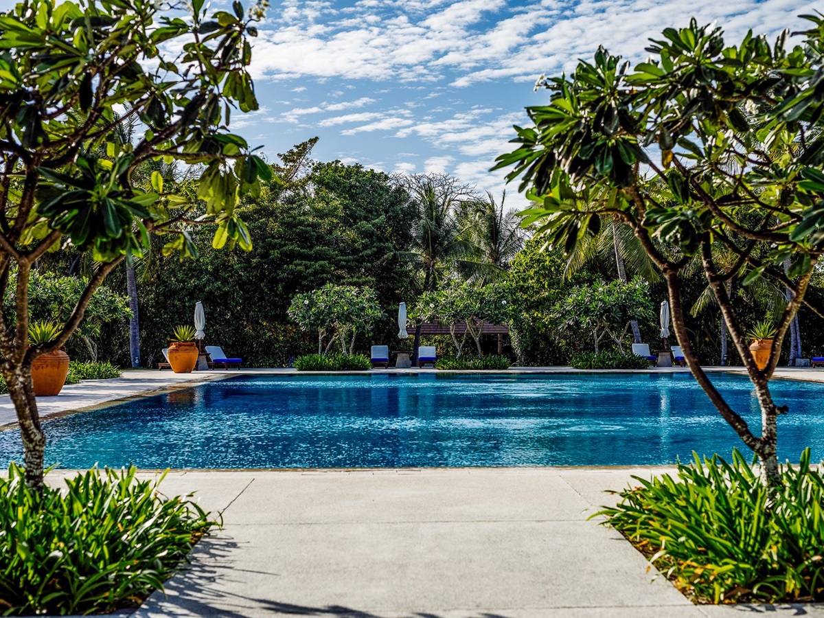 Clubhouse pool at Amanpulo luxury beach resort in the Philippines