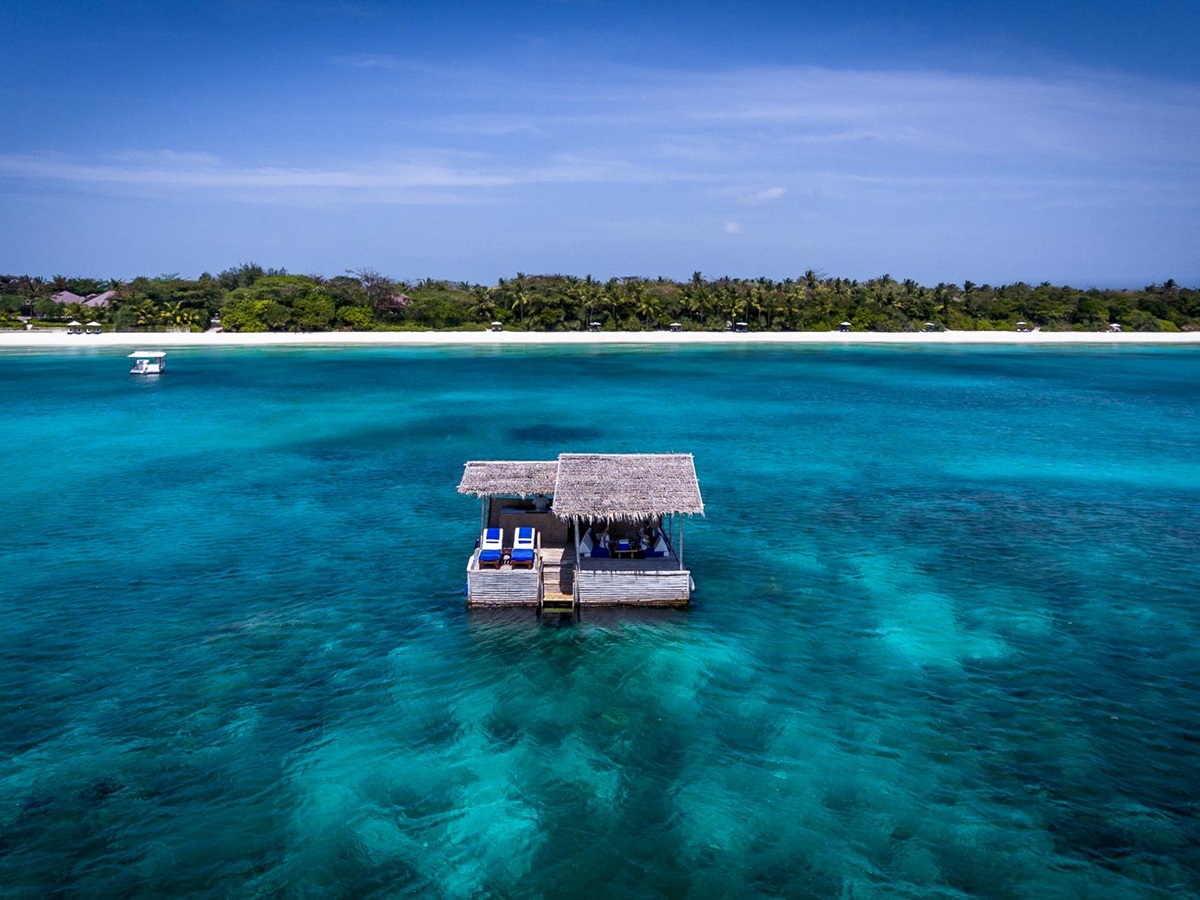 Floating Kawayan Bar at Amanpulo luxury beach resort in the Philippines