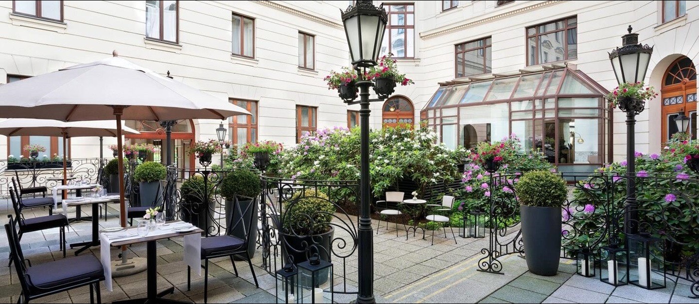 Courtyard with dining at Hotel Bristol in Warsaw Poland