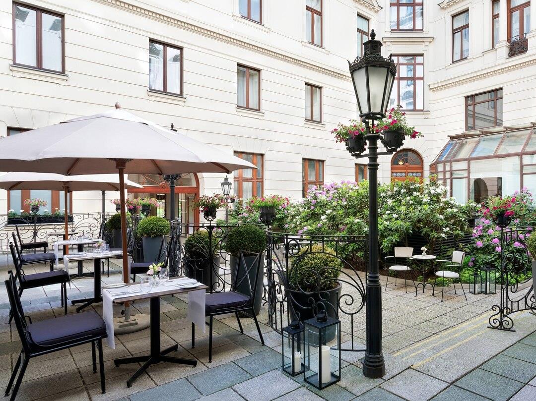Courtyard with dining at Hotel Bristol in Warsaw Poland
