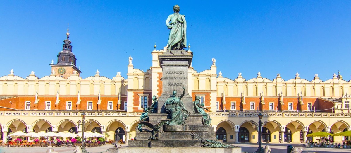 View of Statue of Adam in Krakow Square in Poland