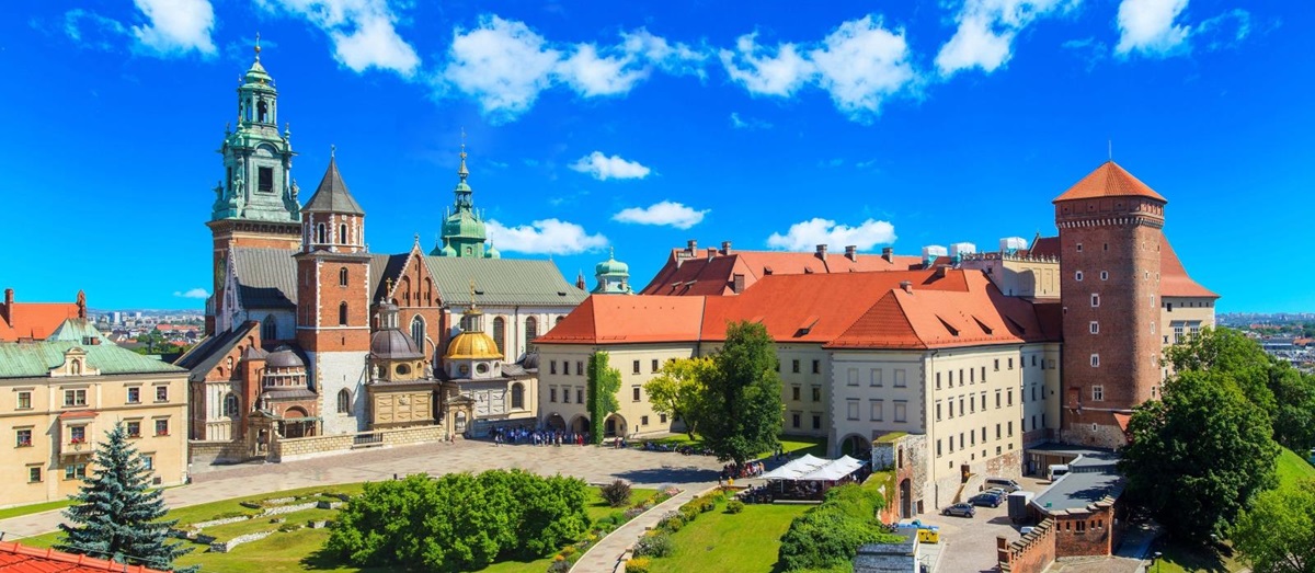 Distant view of Wawel Castle and grounds in Krakow, Poland