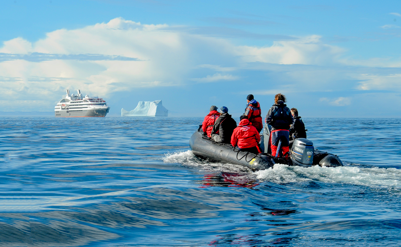 A zodiac safari in the Antarctic spotted from Ponant's Le Boreal cruise ship