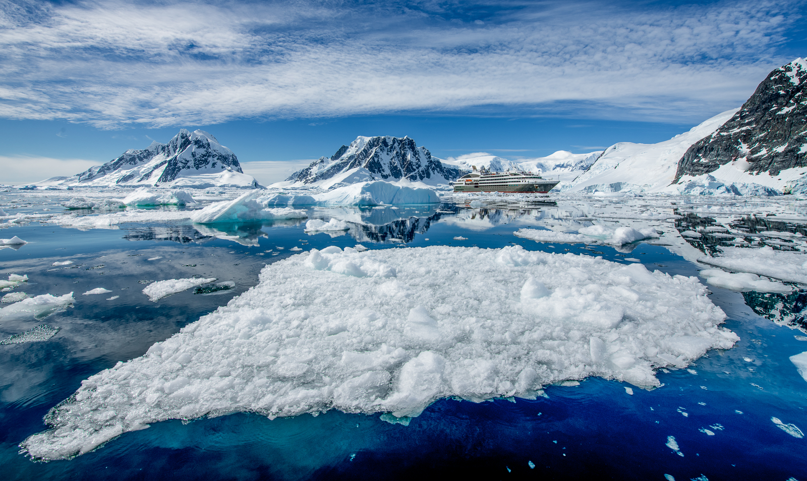 Ponant's Le Boreal cruise ship amongst the Antarctic wilderness
