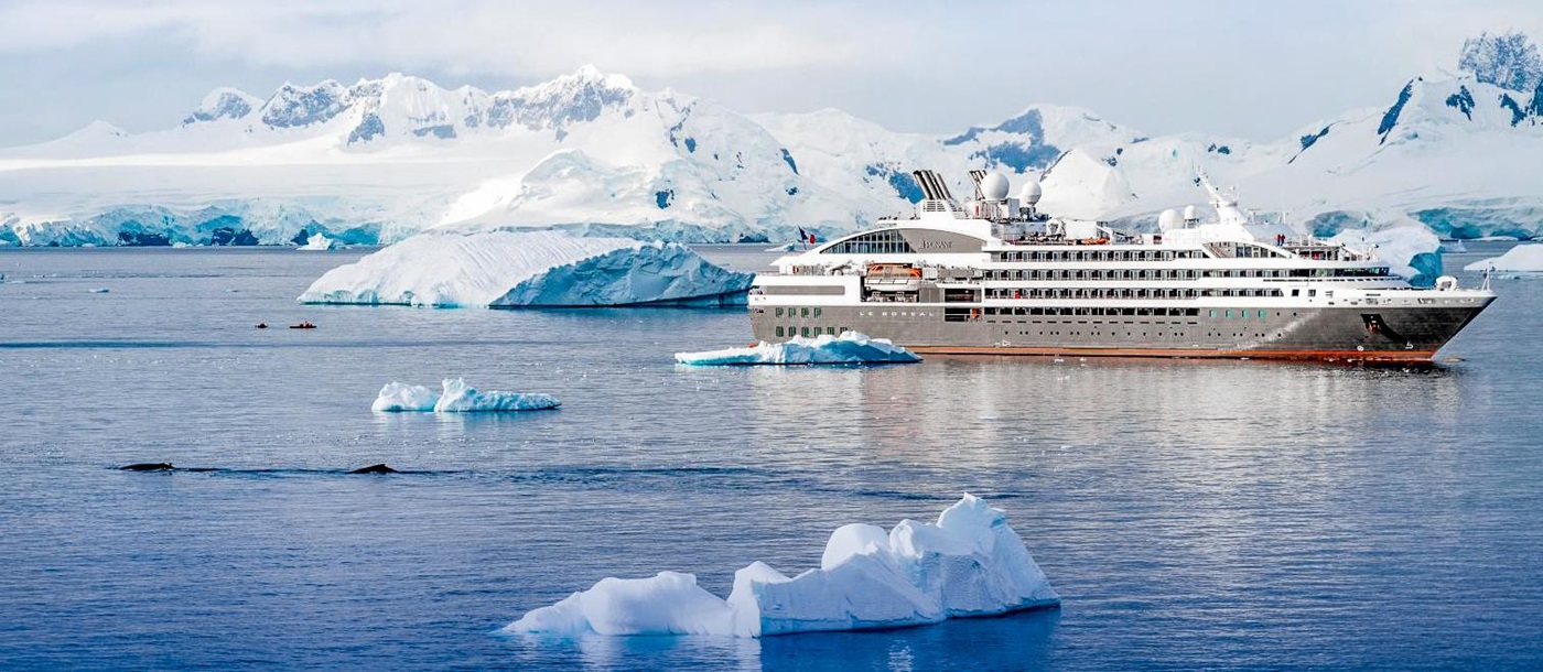 Exterior view of Ponant's Le Boreal cruise ship in Antarctica