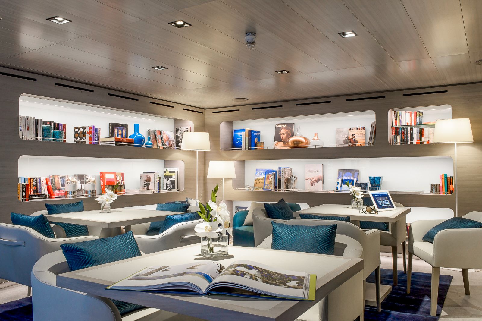 The library onboard Ponant's Le Lyrial cruise ship in Antarctica