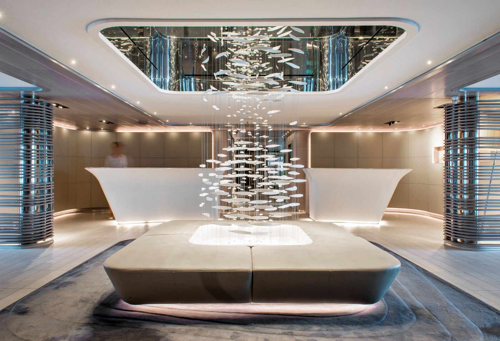 Lobby onboard Ponant's Le Lyrial cruise ship in Antarctica