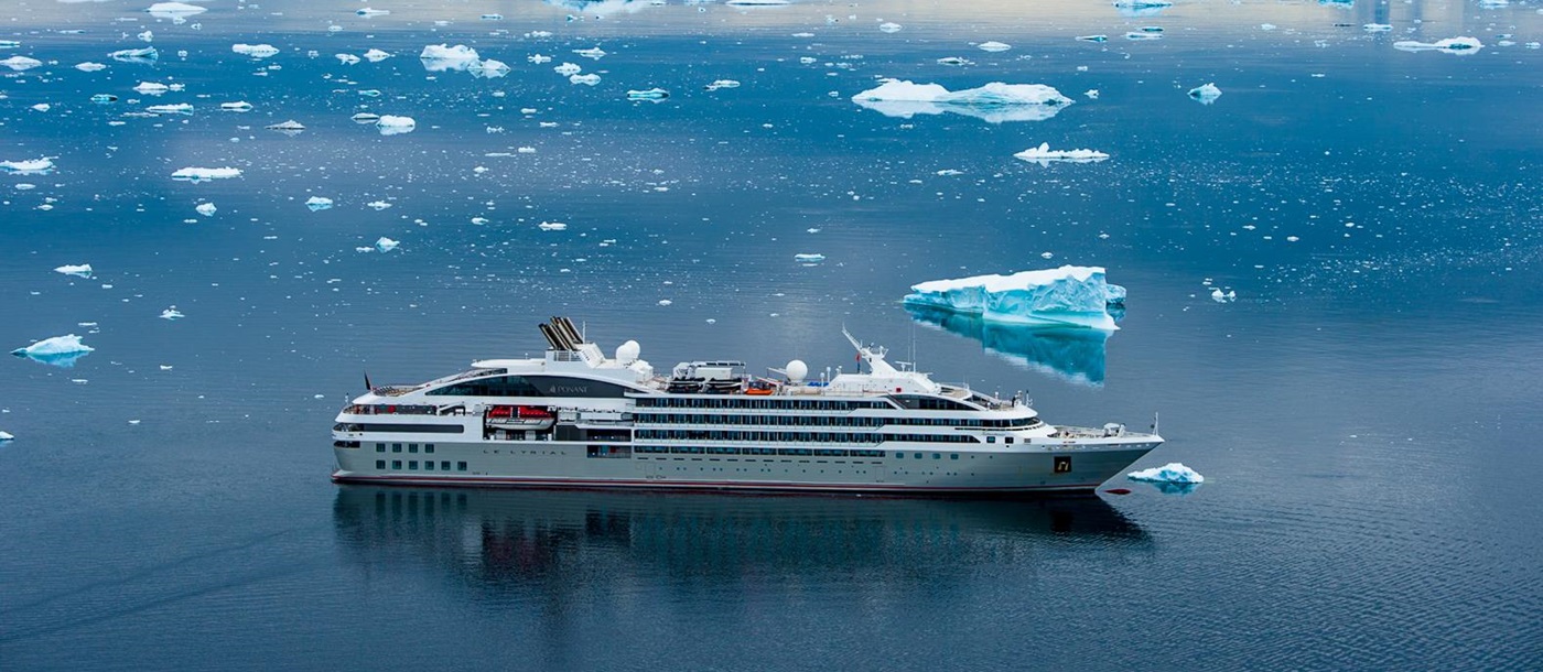 Exterior view of Ponant's Le Lyrial cruise ship in Antarctica