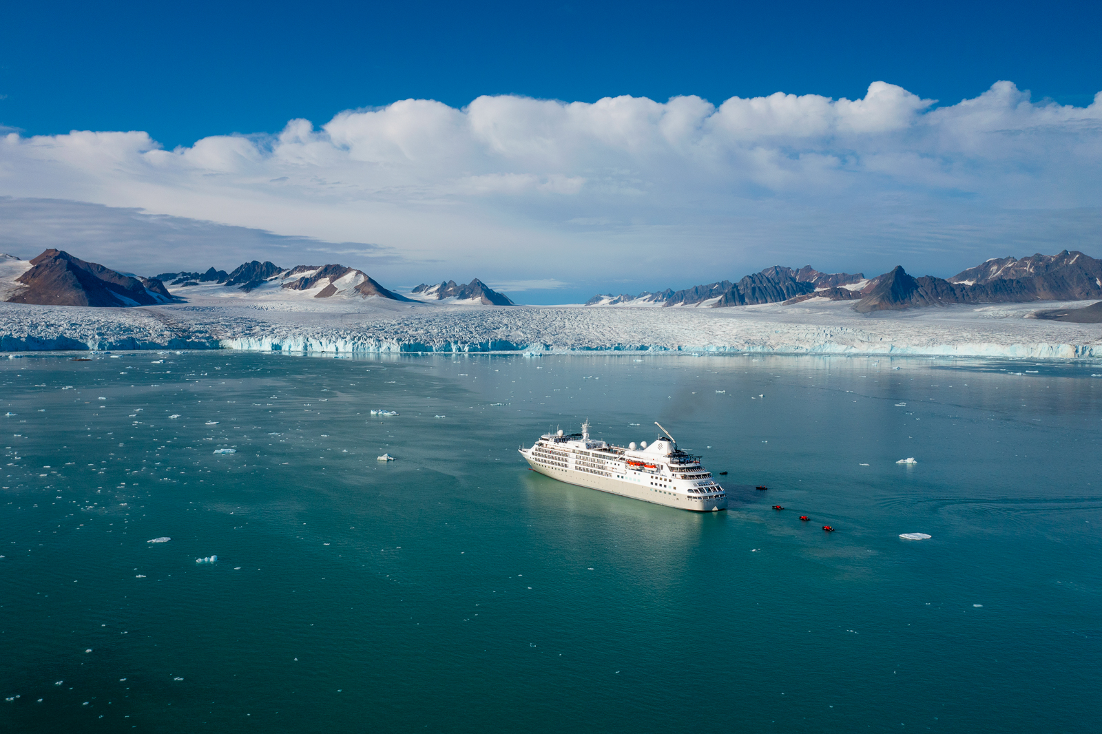 Aerial view of the Silver Cloud cruise ship in Antarctica