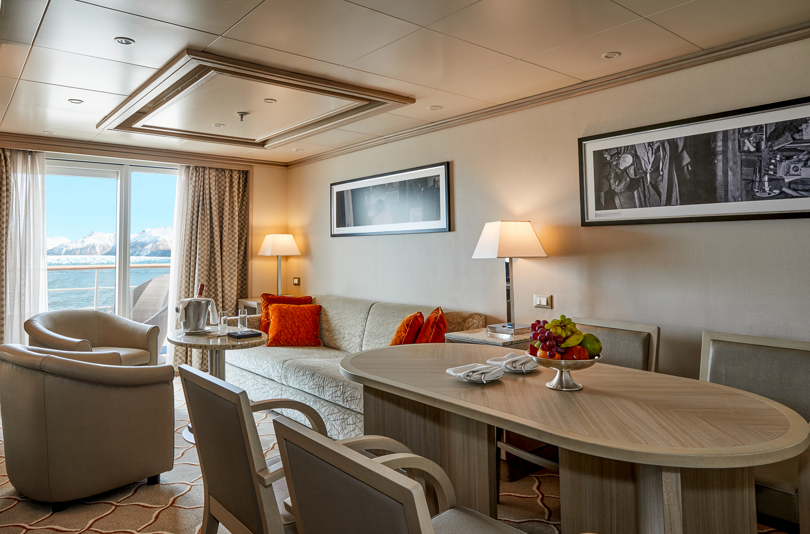 Dining area in a cabin onboard the Silver Cloud cruise ship in Antarctica