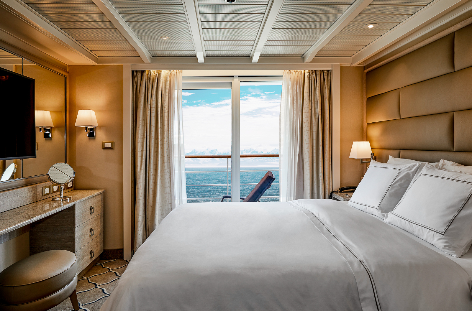 A guest cabin with ocean views onboard the Silver Cloud cruise ship in Antarctica