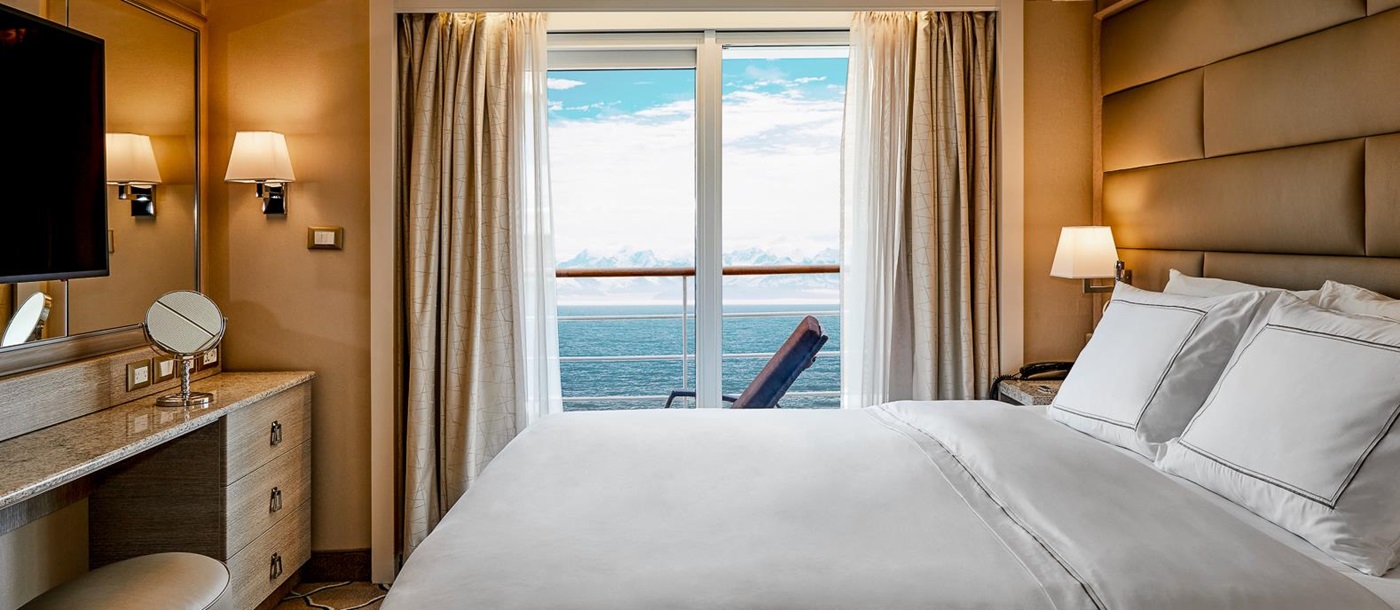 A guest cabin with ocean views onboard the Silver Cloud cruise ship in Antarctica