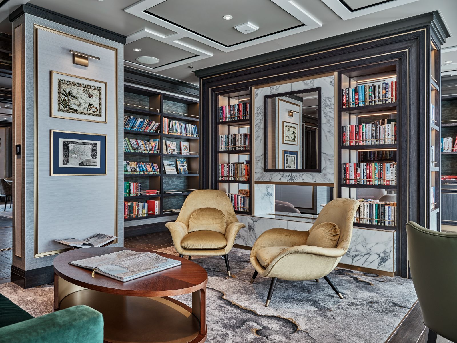 Comfortable library on board the Silver Endeavour luxury cruise liner