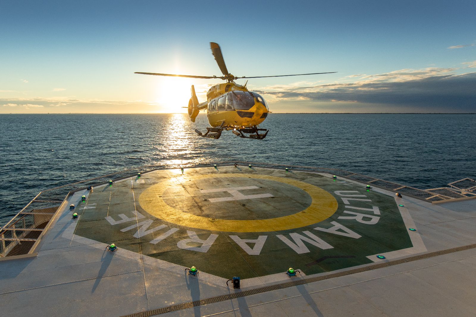 Helicopter landing on the Ultramarine cruise ship in Antarctica