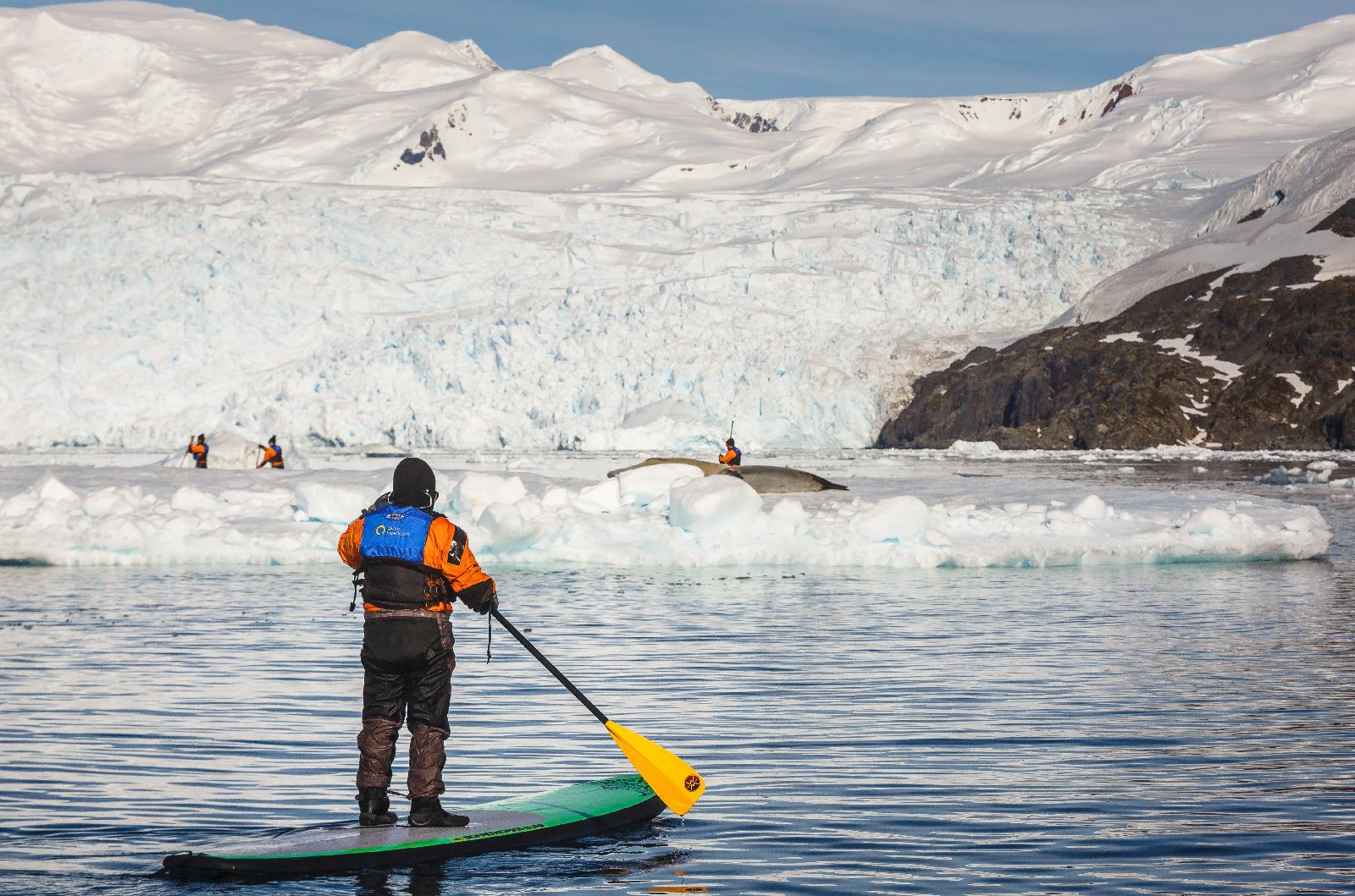 Guest of the Ultramarine paddle boarding past icebergs in Antarctica