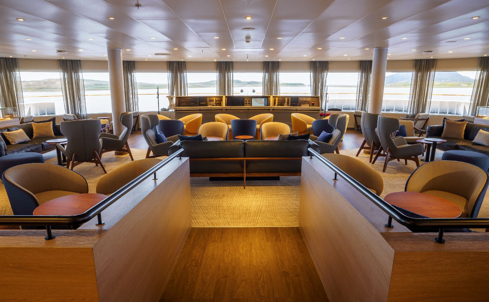 Panoramic lounge on board the Ultramarine cruise ship in Antarctica