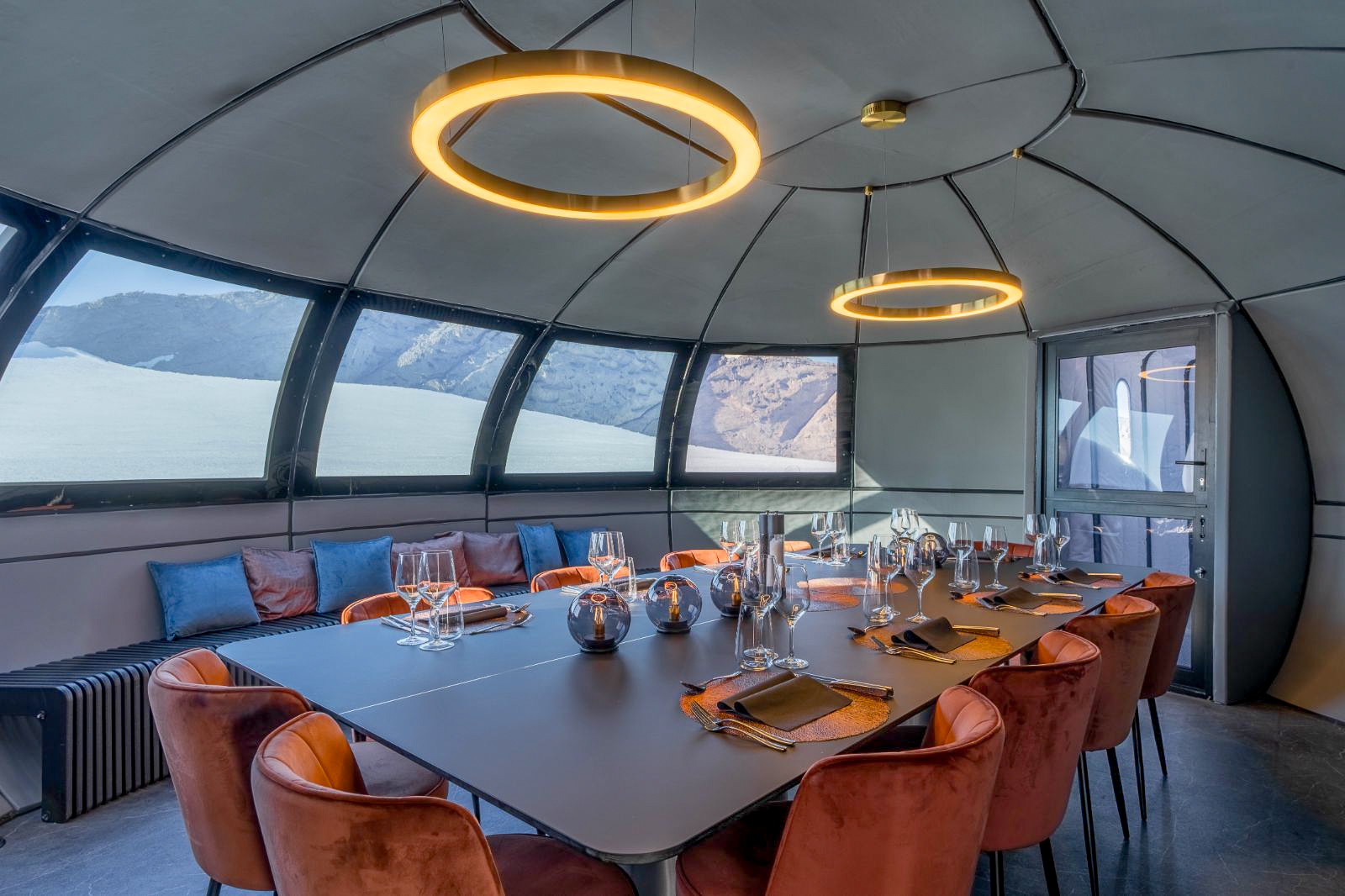 Dining table inside a pod at Echo camp by White Desert in Antarctica