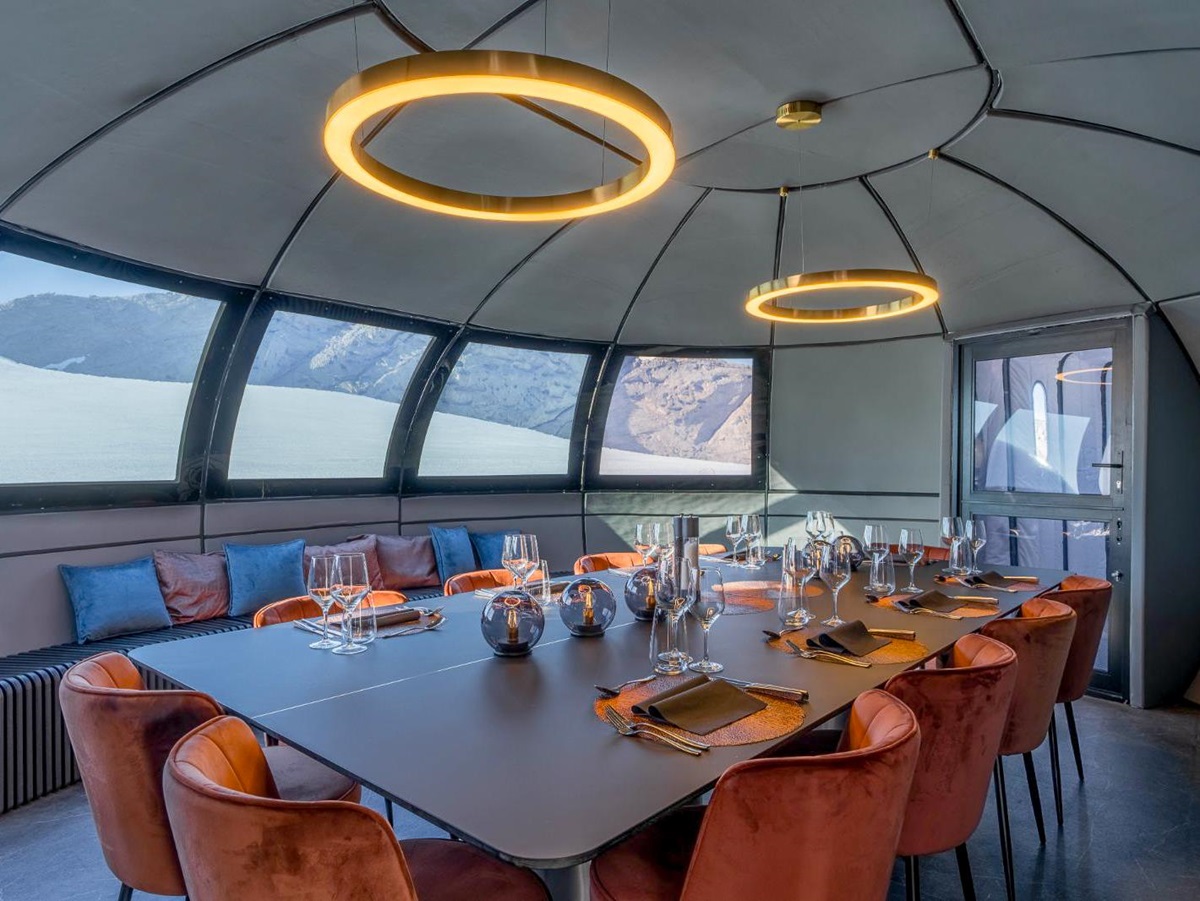 Dining table inside a pod at Echo camp by White Desert in Antarctica