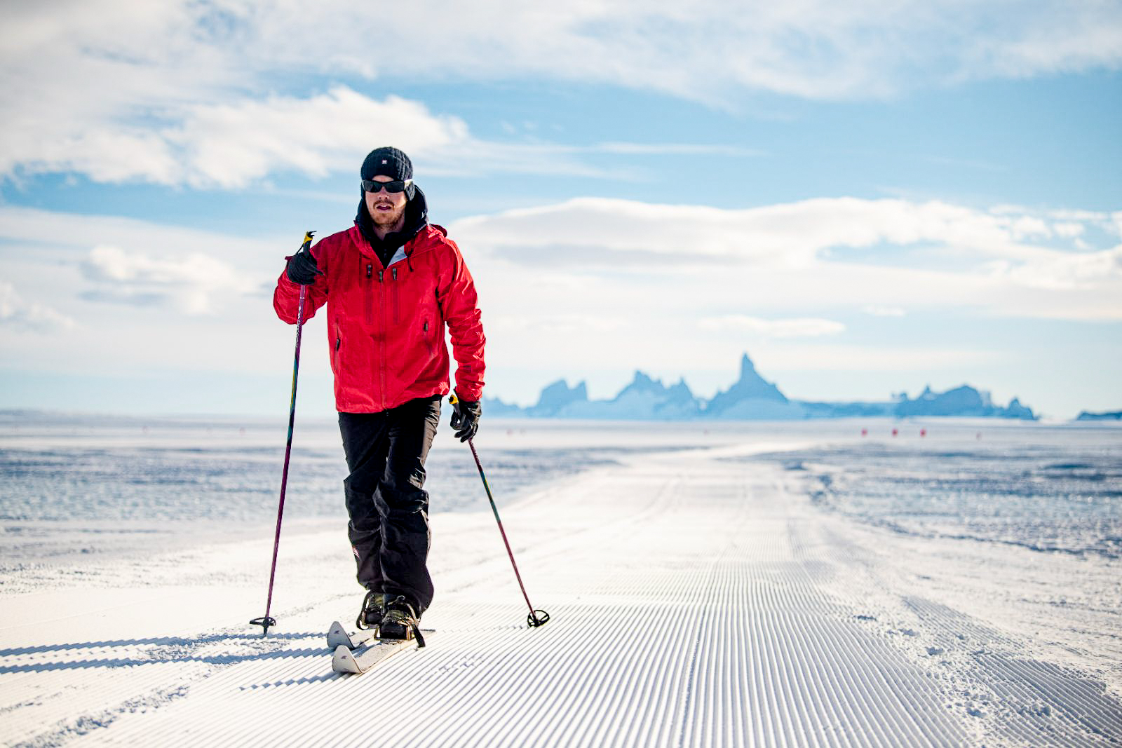 Skiing on the ice near Echo camp by White Desert in Antarctica