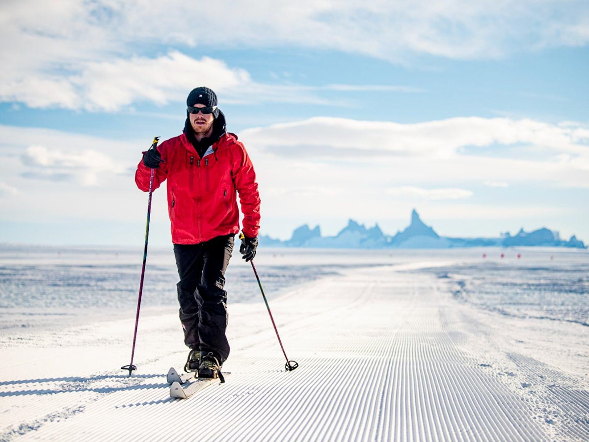 Skiing on the ice near Echo camp by White Desert in Antarctica