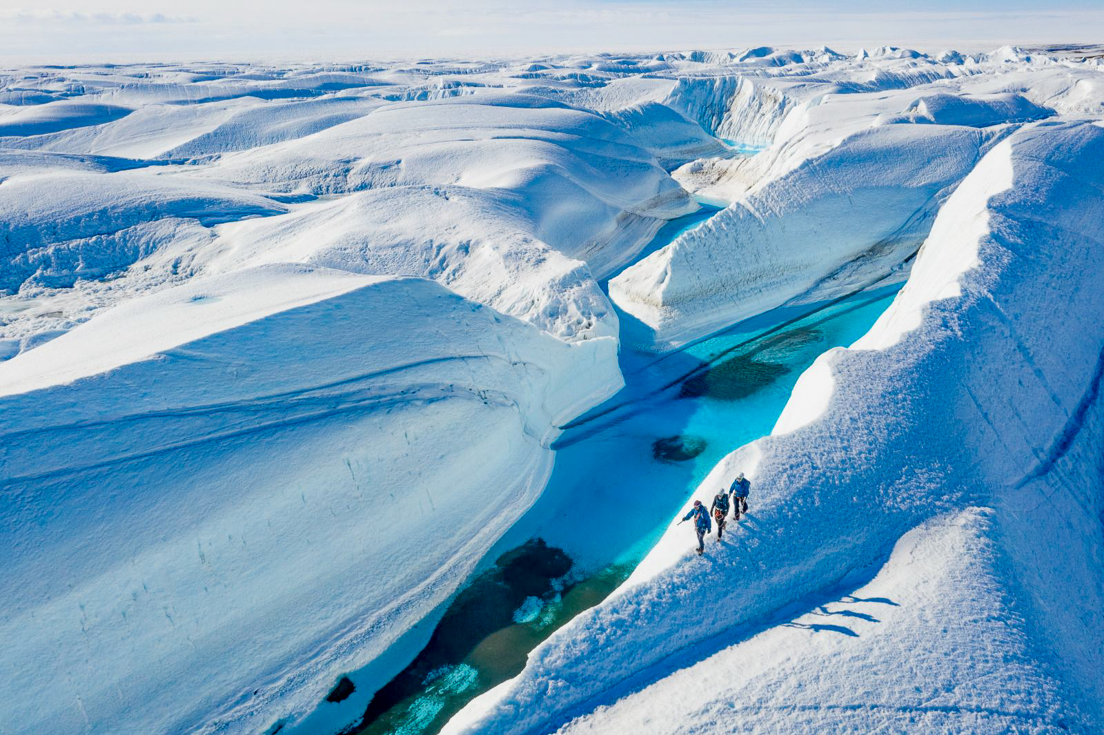 Trekking over the ice near Echo camp by White Desert in Antarctica