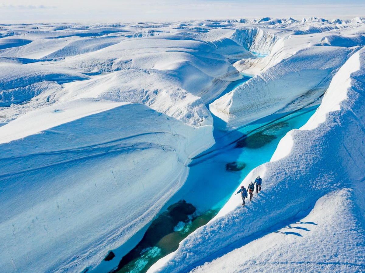 Trekking over the ice near Echo camp by White Desert in Antarctica