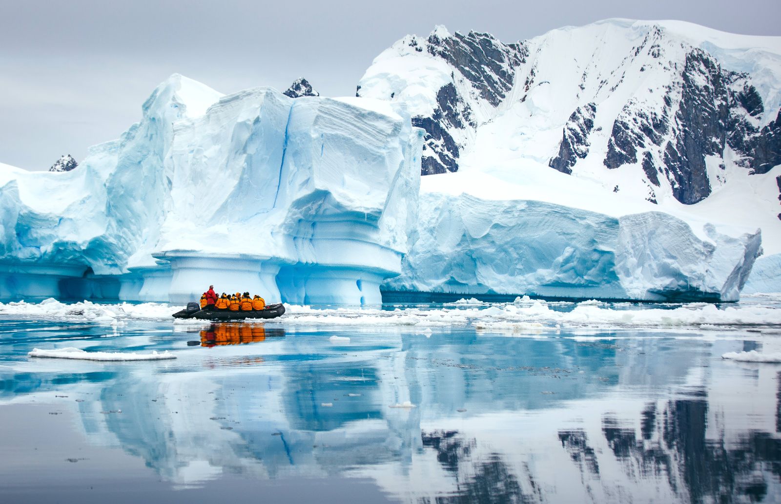 A Zodiac cruising through the Antarctic 