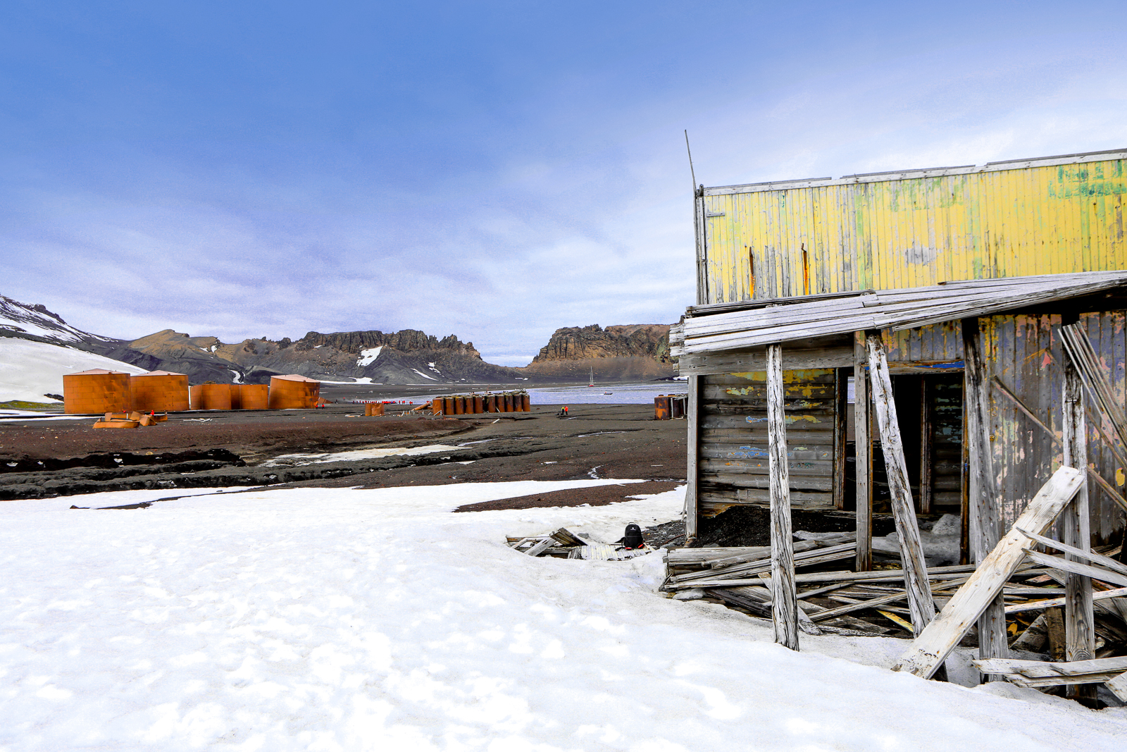 Ruins of an old whaling town on Deception Island in Antarctica