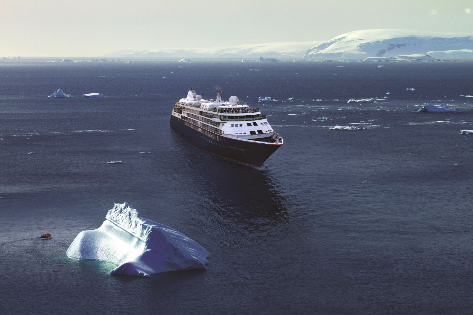 Aerial view of Silver Cloud Antarctic expedition cruise ship