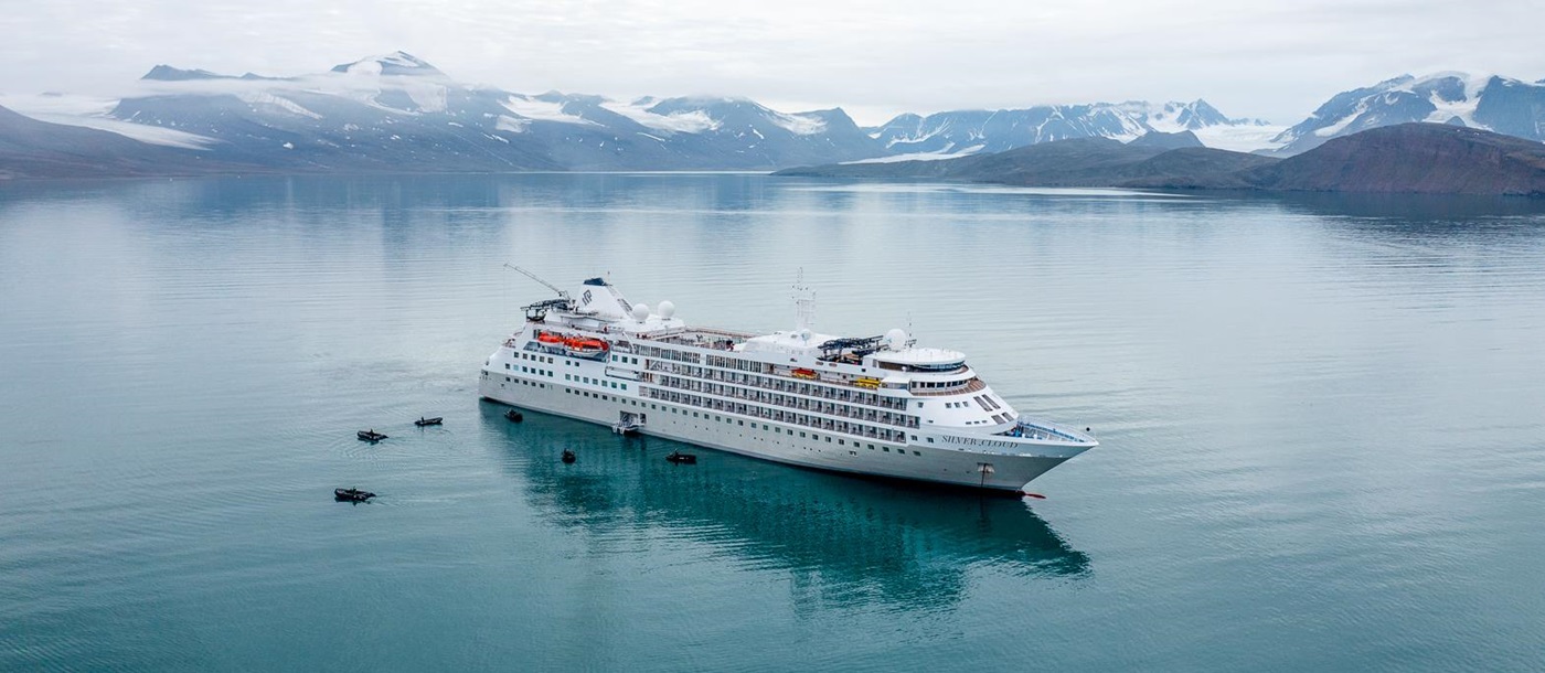 Aerial exterior view of Silver Cloud cruise ship in Antarctica