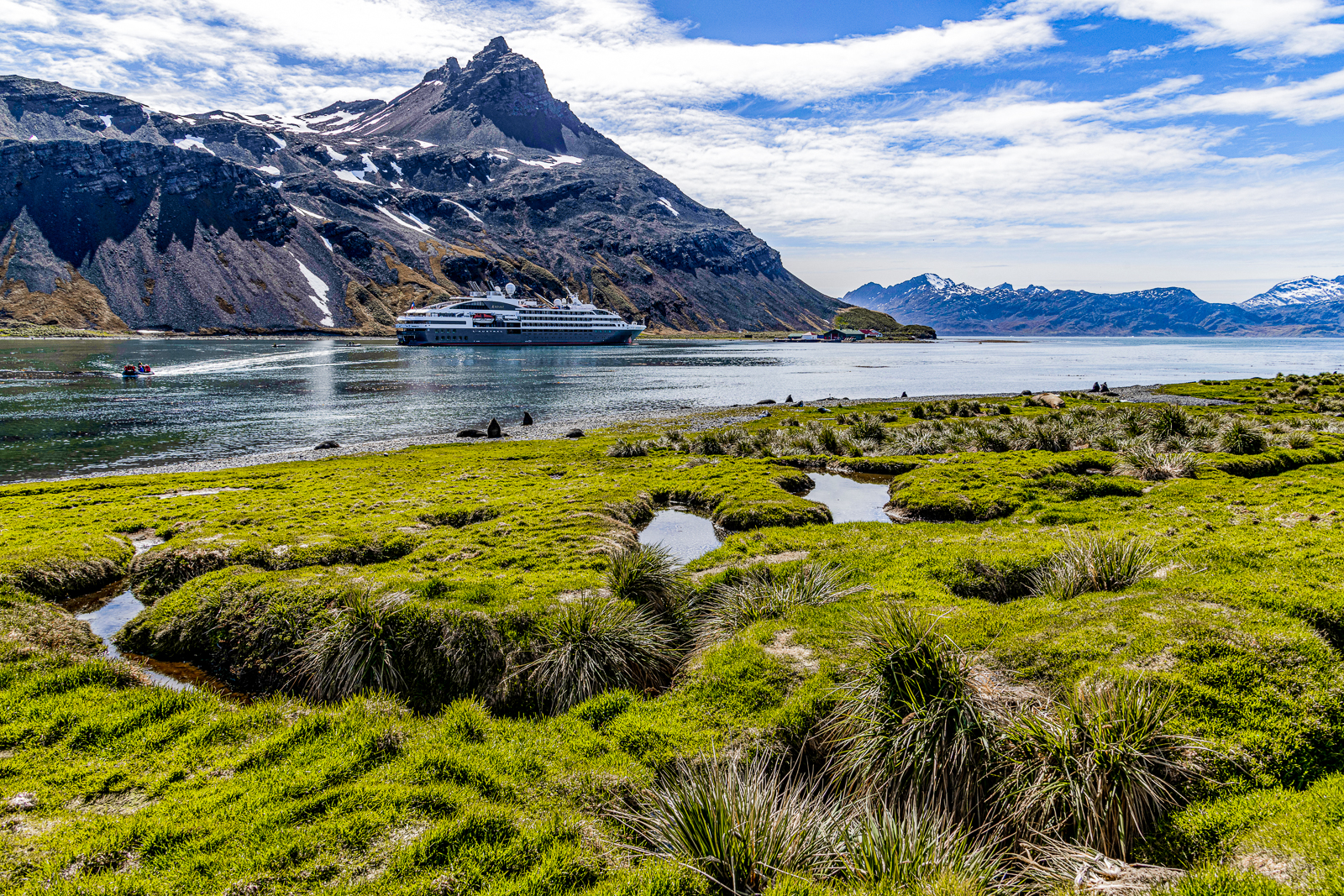 A Ponant cruise ship along the coast of South Georgia in Antarctica