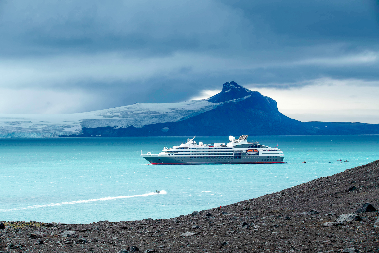 A Ponant cruise ship sailing in Ushuaia in Antarctica