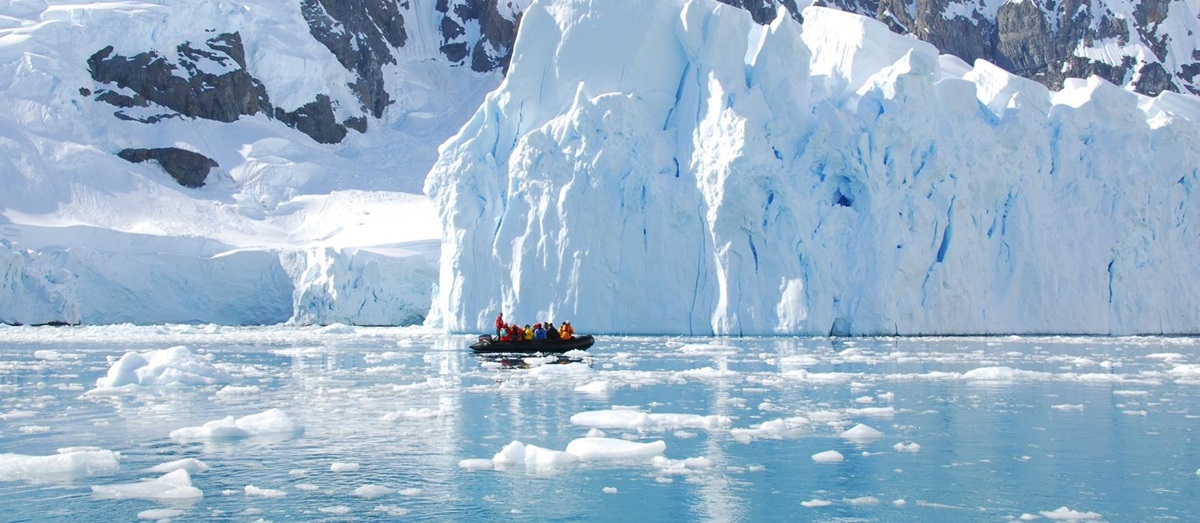Zodiac and glacier in the Antarctic
