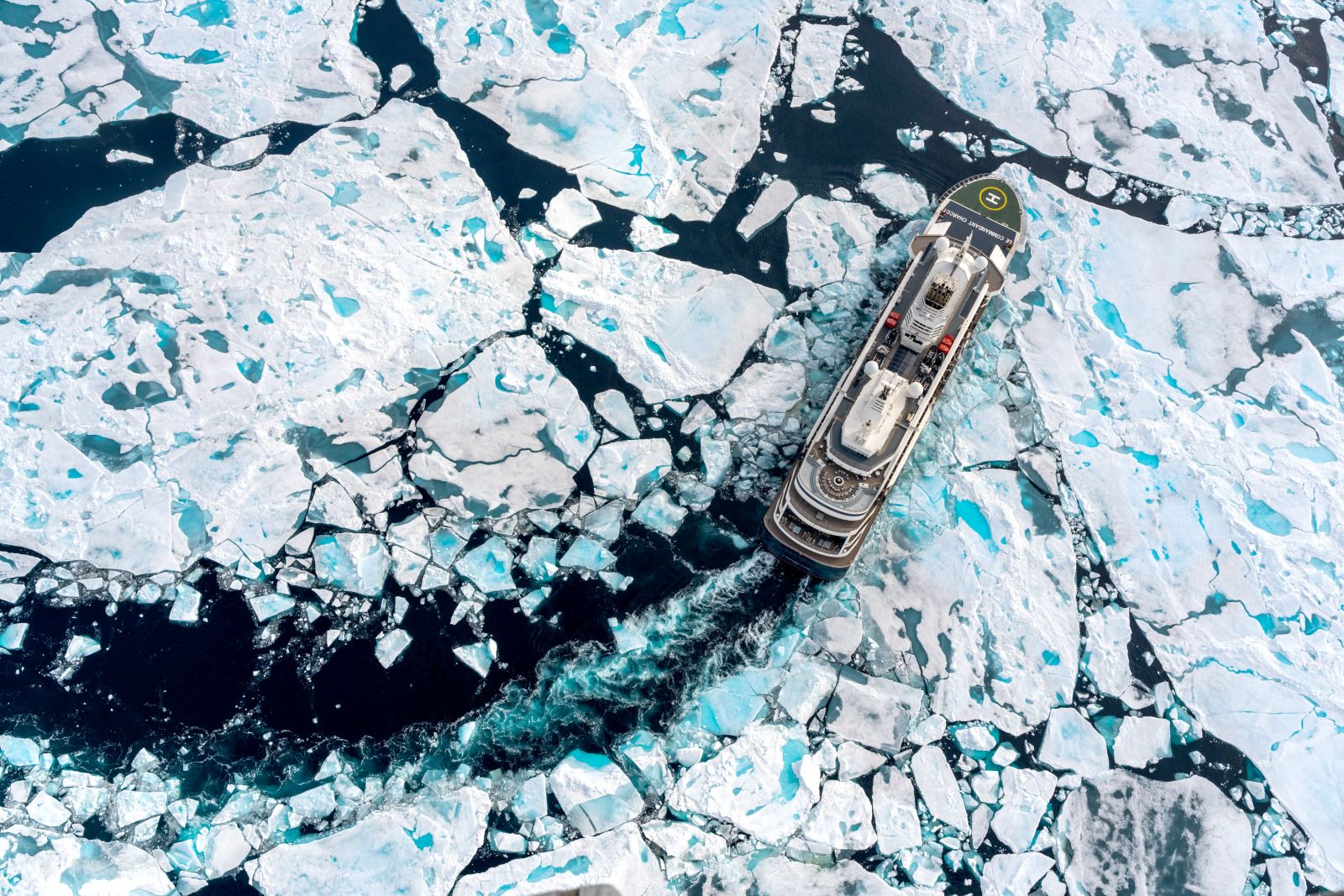 Aerial view of Ponant's Le Commandant Charcot cruise ship in the Arctic