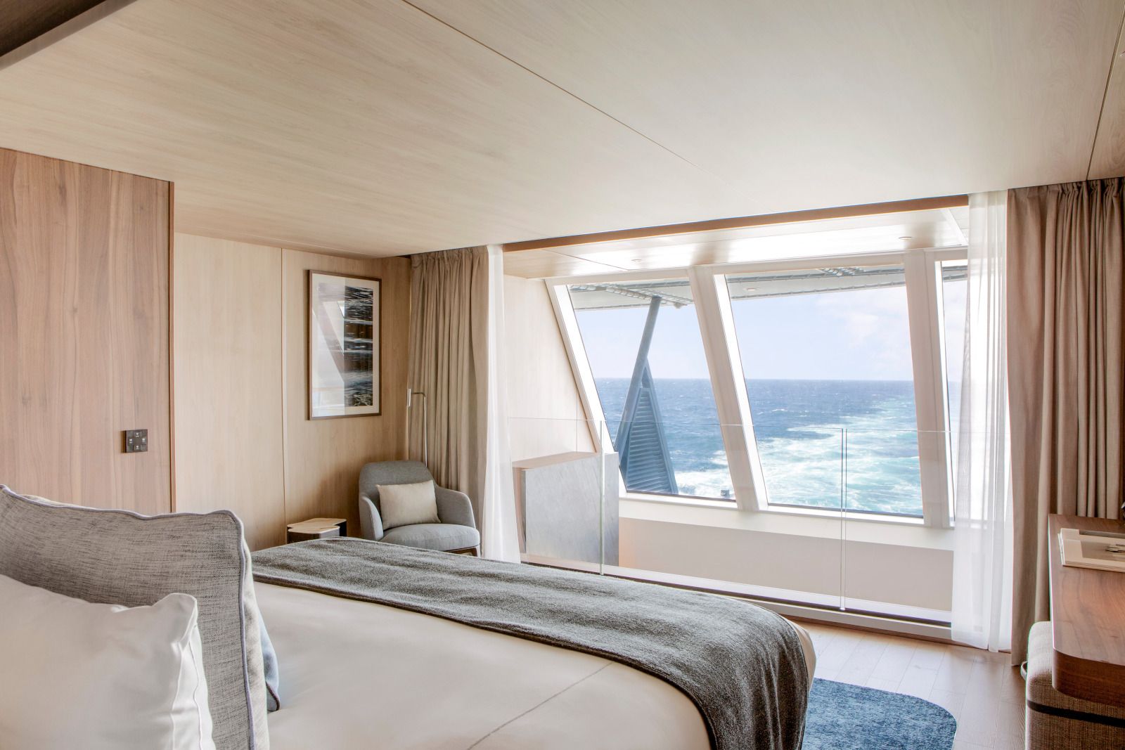 Guest bedroom onboard Ponant's Le Commandant Charcot cruise ship in the Arctic