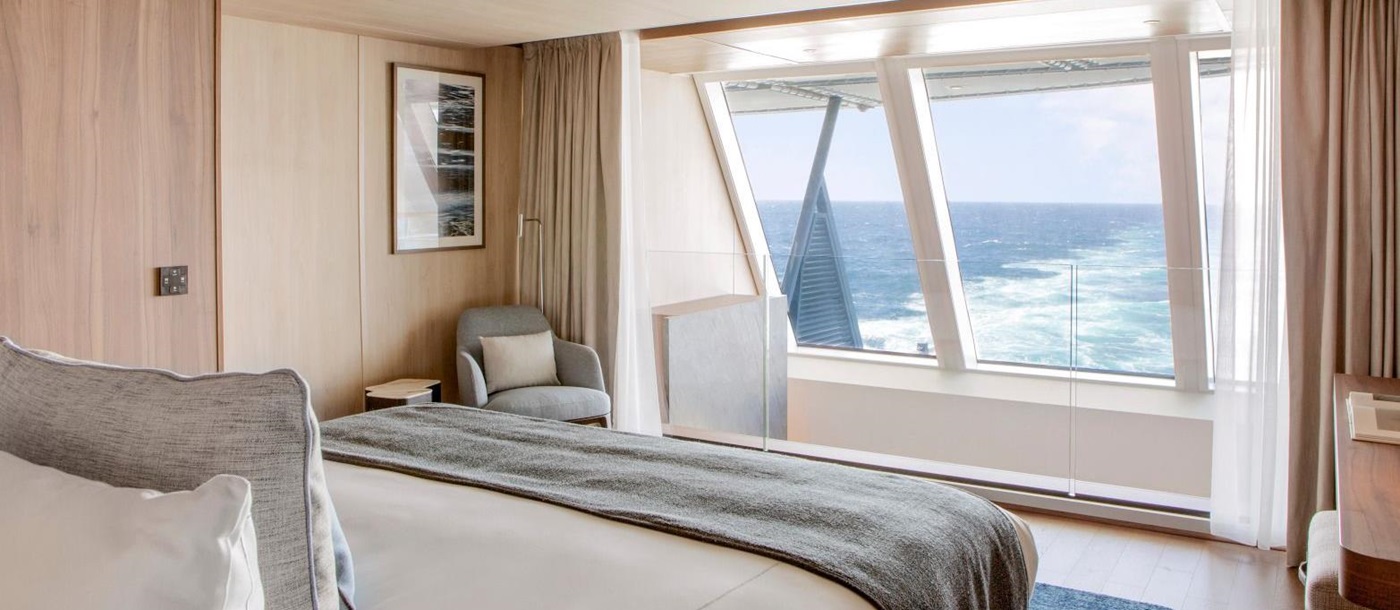 Guest bedroom onboard Ponant's Le Commandant Charcot cruise ship in the Arctic