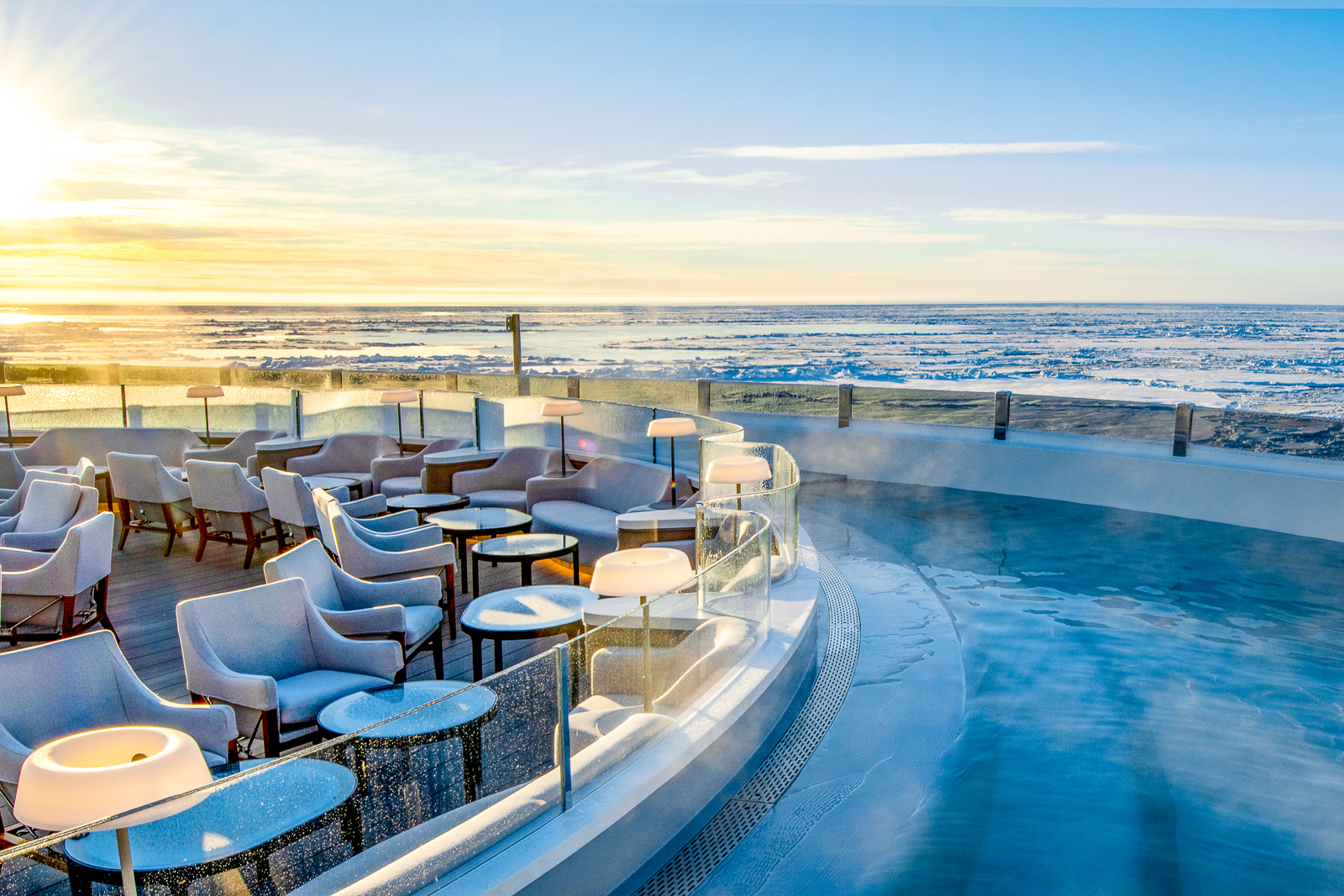Heated lagoon swimming pool onboard Ponant's Le Commandant Charcot cruise ship in the Arctic